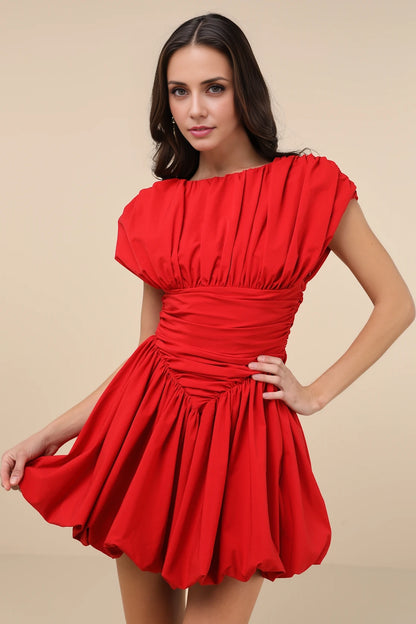OKBBN Sweet Ruffle Hooded Sleeves Boat shaped Collar Ruffle Tight corset A-line Homecoming Dresses