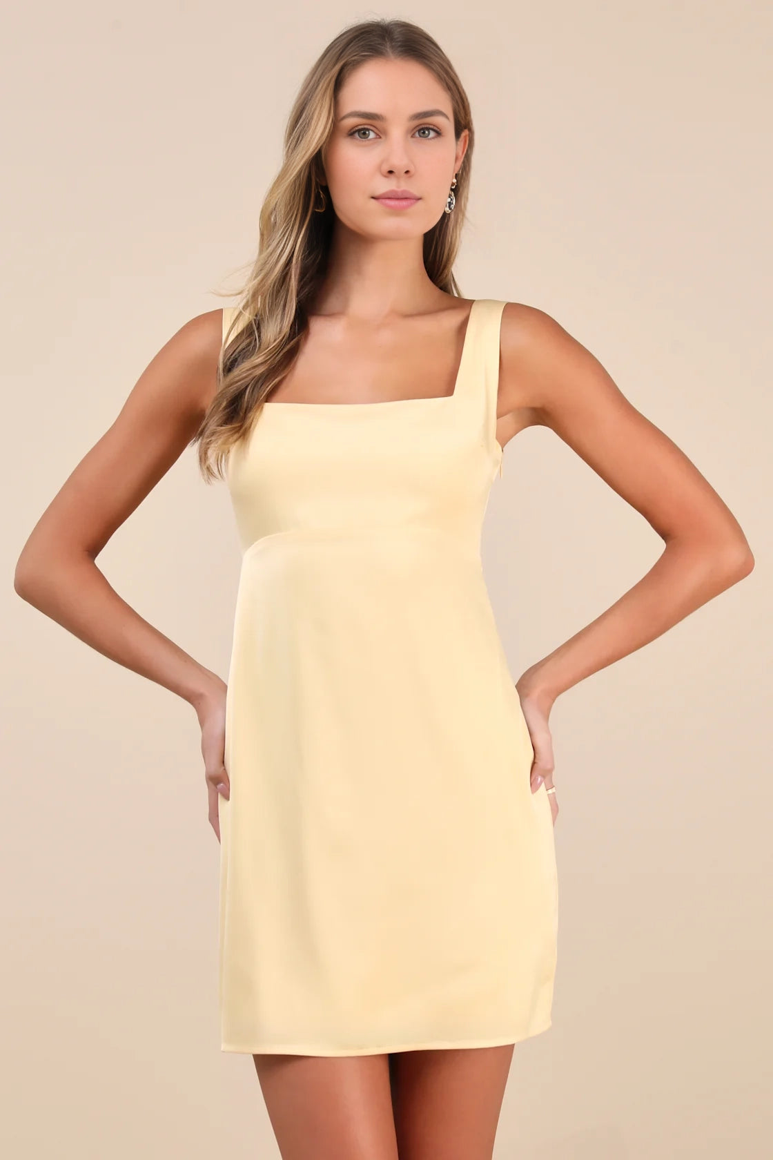 OKBBN Sweet Woven Satin Square Collar Ruffle Strap Tank Top High Waist Slimming A-line Homecoming Dresses