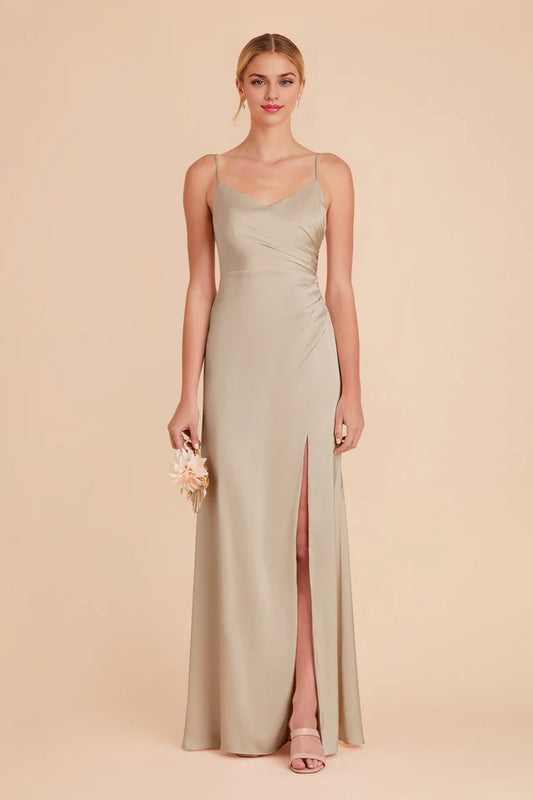 OKBBN V-neck matte satin dress with asymmetrical pleats Prom Dresses