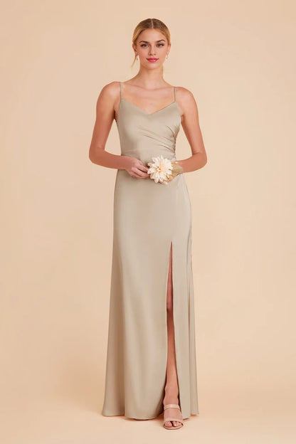 OKBBN V-neck matte satin dress with asymmetrical pleats Prom Dresses