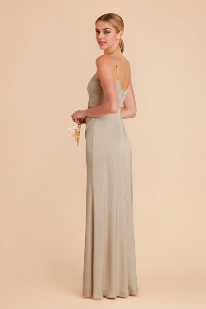 OKBBN V-neck matte satin dress with asymmetrical pleats Prom Dresses