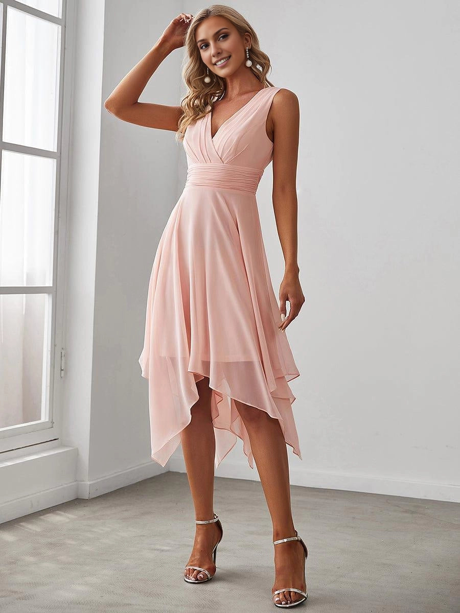 OKBBN V-neck pleated asymmetric hem mid length chiffon Homecoming Dresses