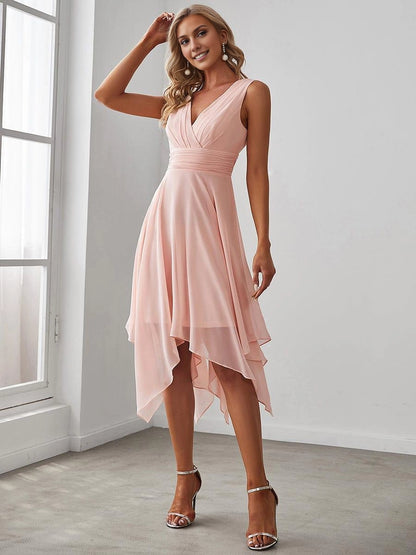OKBBN V-neck pleated asymmetric hem mid length chiffon Homecoming Dresses