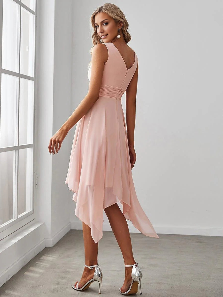 OKBBN V-neck pleated asymmetric hem mid length chiffon Homecoming Dresses