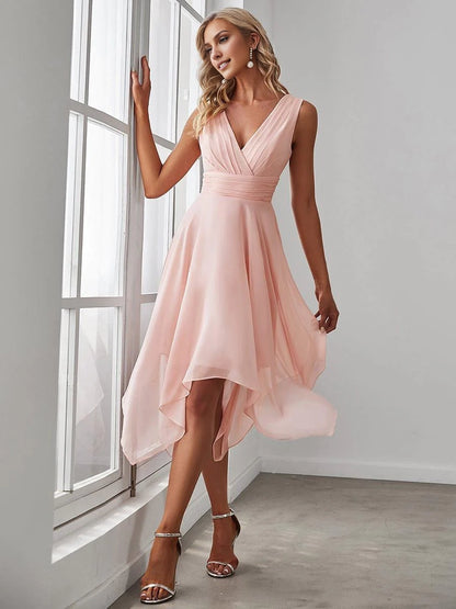 OKBBN V-neck pleated asymmetric hem mid length chiffon Homecoming Dresses