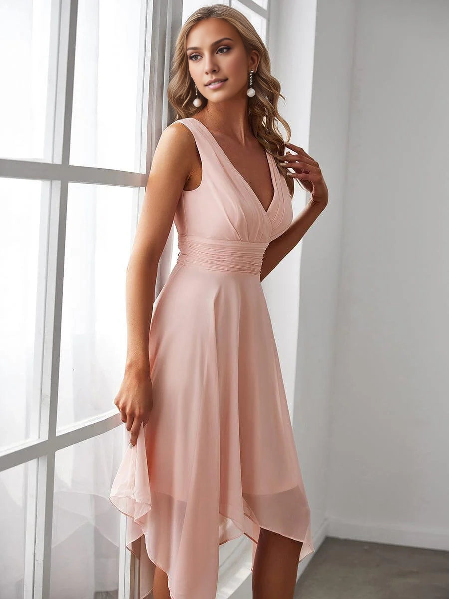 OKBBN V-neck pleated asymmetric hem mid length chiffon Homecoming Dresses