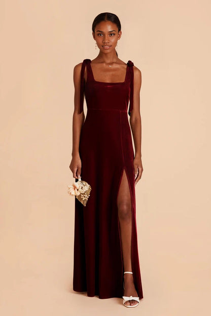 OKBBN Velvet Square Collar Shoulder Straps Detachable Front Opener and Floor Prom Dresses