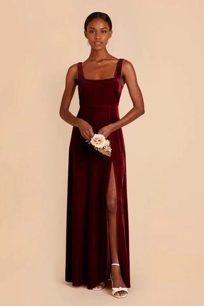 OKBBN Velvet Square Collar Shoulder Straps Detachable Front Opener and Floor Prom Dresses