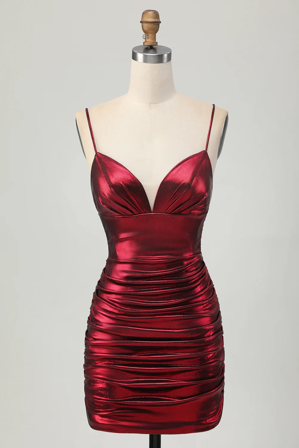 OKBBN Burgundy fine shoulder strap satin pleated short Homecoming Dresses