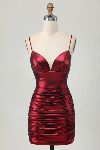 OKBBN Burgundy fine shoulder strap satin pleated short Homecoming Dresses