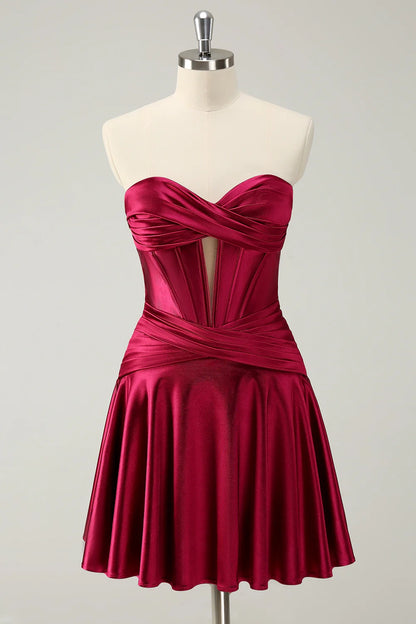 OKBBN Cute Burgundy A-line Sweetheart Cross Cross Corset Homecoming Dresses