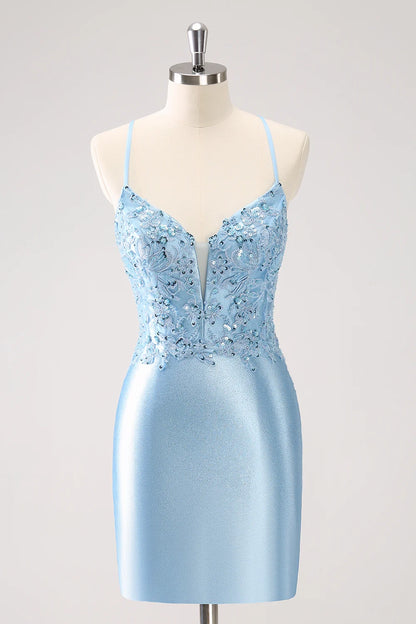 OKBBN Elegant Tight Strap Back Shining Stickers Short Homecoming Dresses