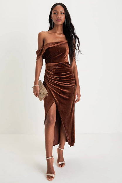 OKBBN Elegant Velvet Asymmetric Tulip Medium Length Homecoming Dresses