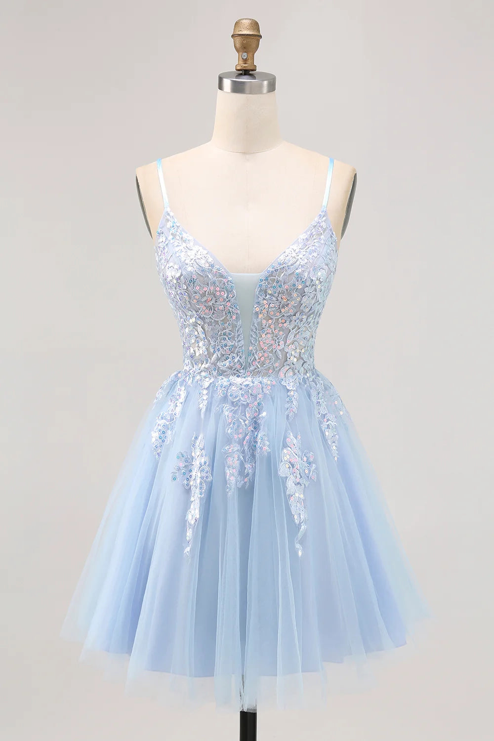 OKBBN Shiny A-line Thin Shoulder Strap with Glitter Stickers Short Homecoming Dresses