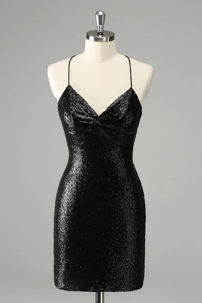 OKBBN Tight Thin Shoulder Strap Sparkle Short Style Back Strap Homecoming Dresses
