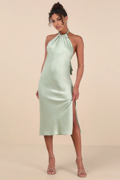 OKBBN charming satin backless hanging neck mid length Homecoming Dresses