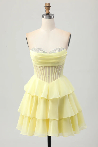 OKBBN elegant A-line off shoulder multi-layer tight corset bead Homecoming Dresses