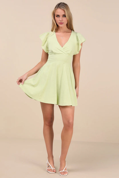 OKBBN flowing short ruffle sleeves, mini sloping collar, Homecoming Dresses