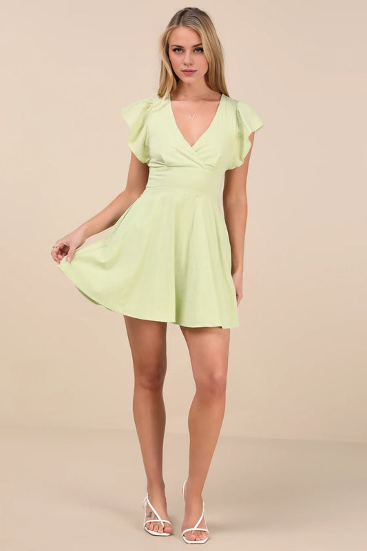 OKBBN flowing short ruffle sleeves, mini sloping collar, Homecoming Dresses