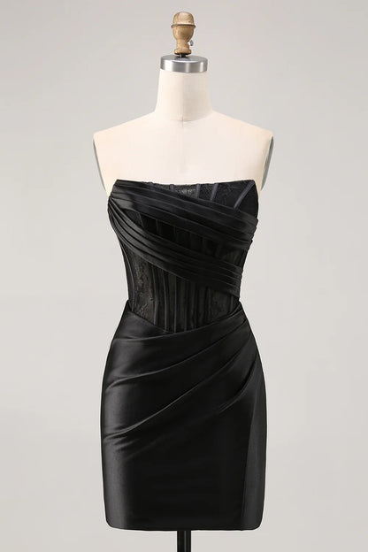 OKBBN off shoulder satin tight corset with pleated detailing Homecoming Dresses