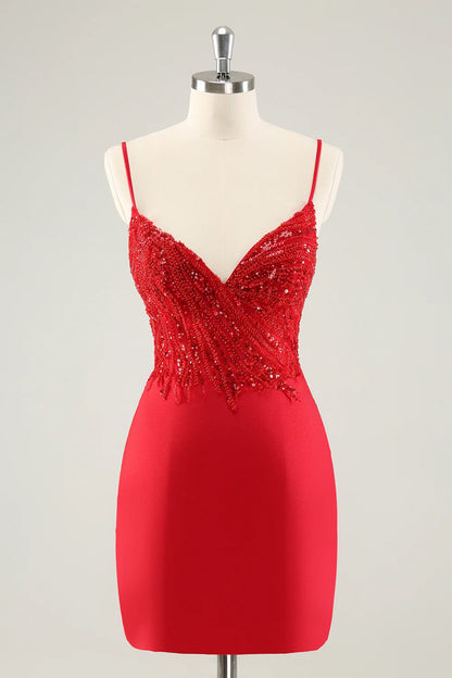 OKBBN's gorgeous tight fitting thin shoulder strap sequin short Homecoming Dresses