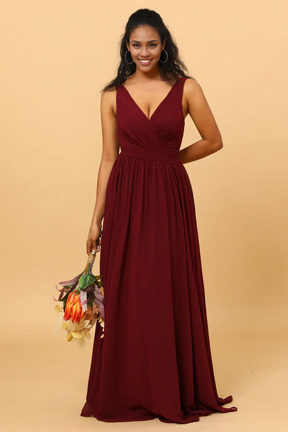 OKBBN's charming A-line V-neck pleated and ground length chiffon Bridesmaid Dresses