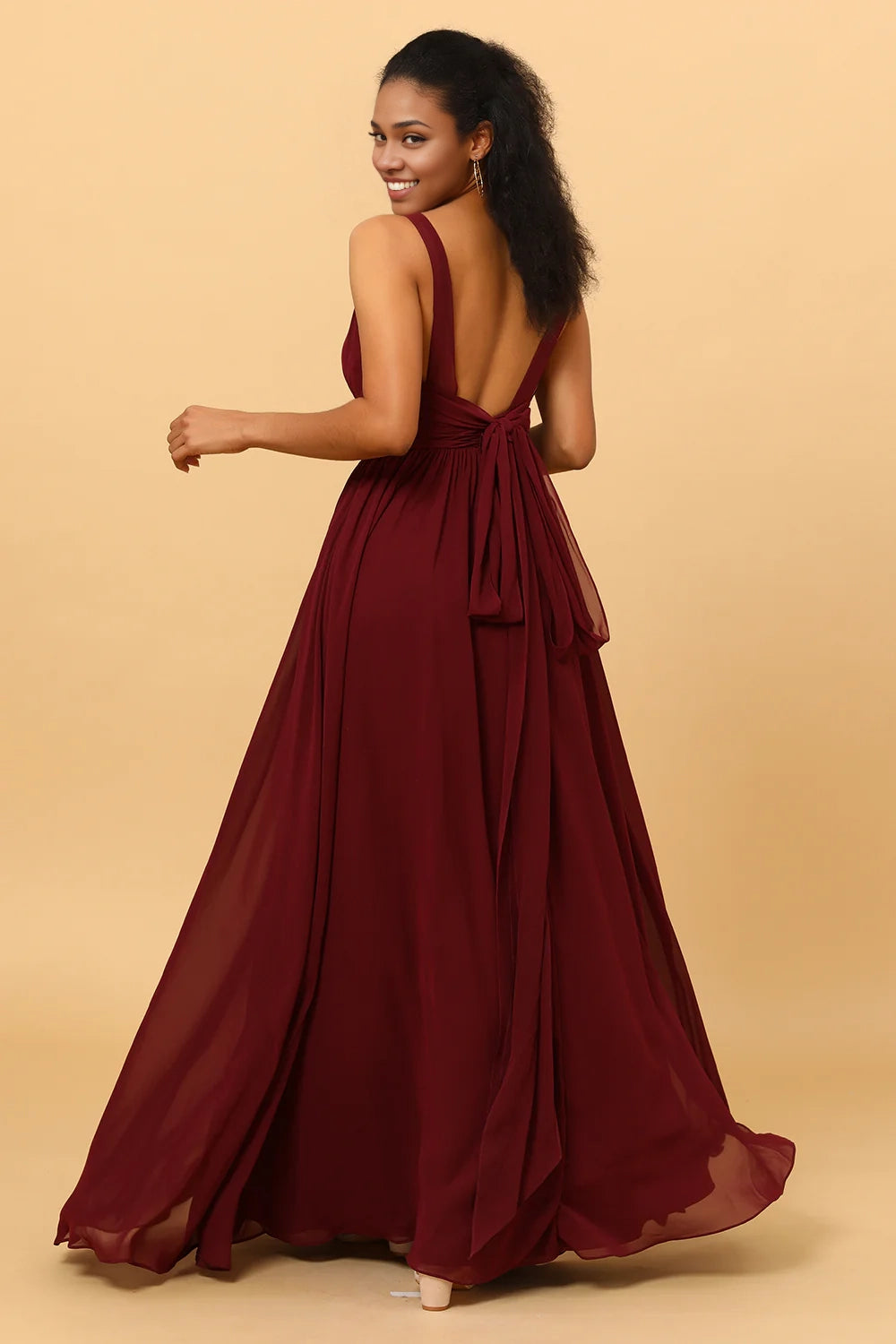 OKBBN's charming A-line V-neck pleated and ground length chiffon Bridesmaid Dresses