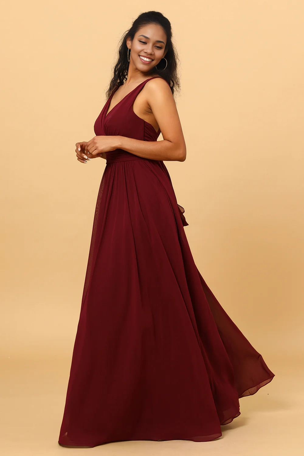 OKBBN's charming A-line V-neck pleated and ground length chiffon Bridesmaid Dresses