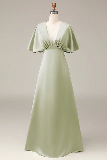 OKBBN's charming A-line V-neck satin short sleeved flowing Bridesmaid Dresses