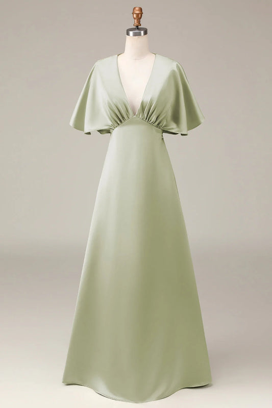 OKBBN's charming A-line V-neck satin short sleeved flowing Bridesmaid Dresses