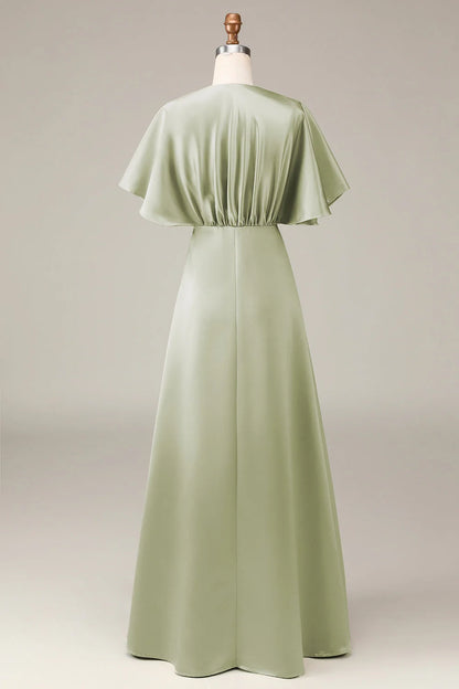 OKBBN's charming A-line V-neck satin short sleeved flowing Bridesmaid Dresses