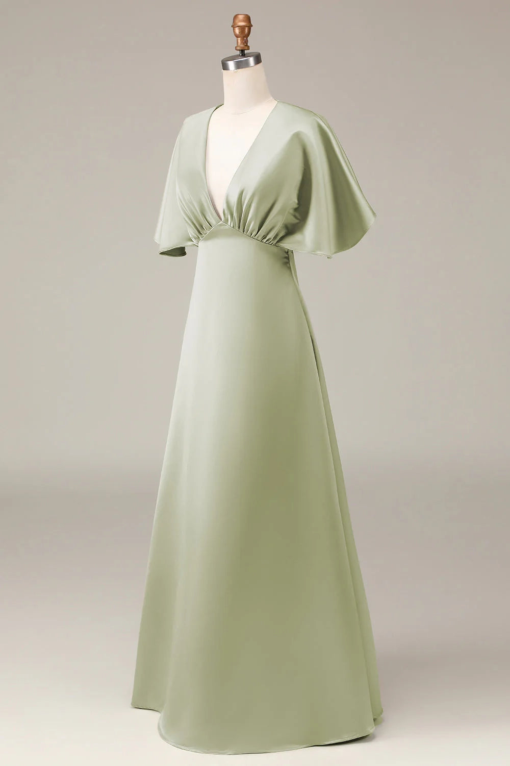 OKBBN's charming A-line V-neck satin short sleeved flowing Bridesmaid Dresses