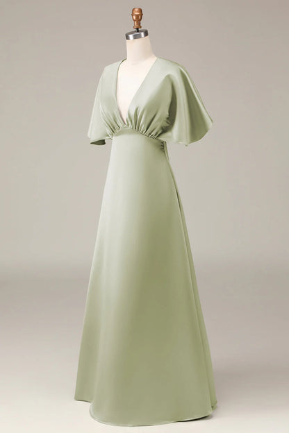 OKBBN's charming A-line V-neck satin short sleeved flowing Bridesmaid Dresses