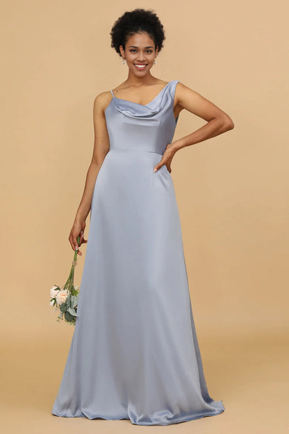 OKBBN's charming A-line asymmetrical neckline satin long Bridesmaid Dresses