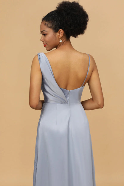 OKBBN's charming A-line asymmetrical neckline satin long Bridesmaid Dresses