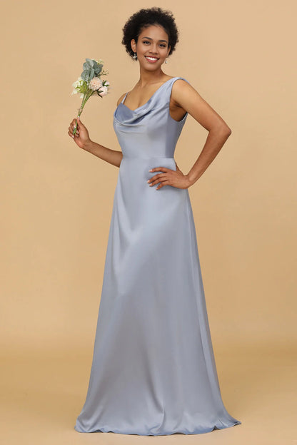 OKBBN's charming A-line asymmetrical neckline satin long Bridesmaid Dresses