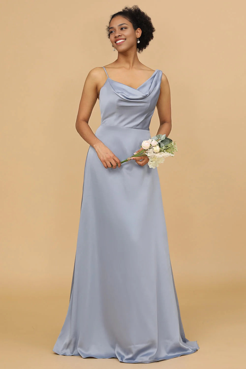 OKBBN's charming A-line asymmetrical neckline satin long Bridesmaid Dresses