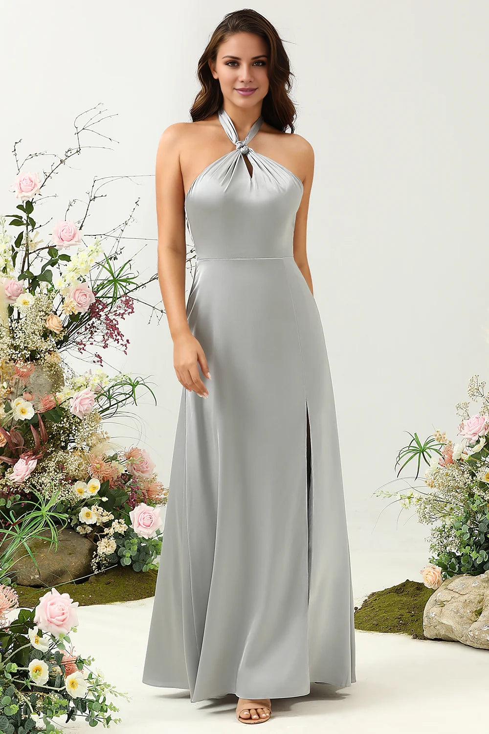 OKBBN's charming A-line backless shiny satin and floor slit Bridesmaid Dresses