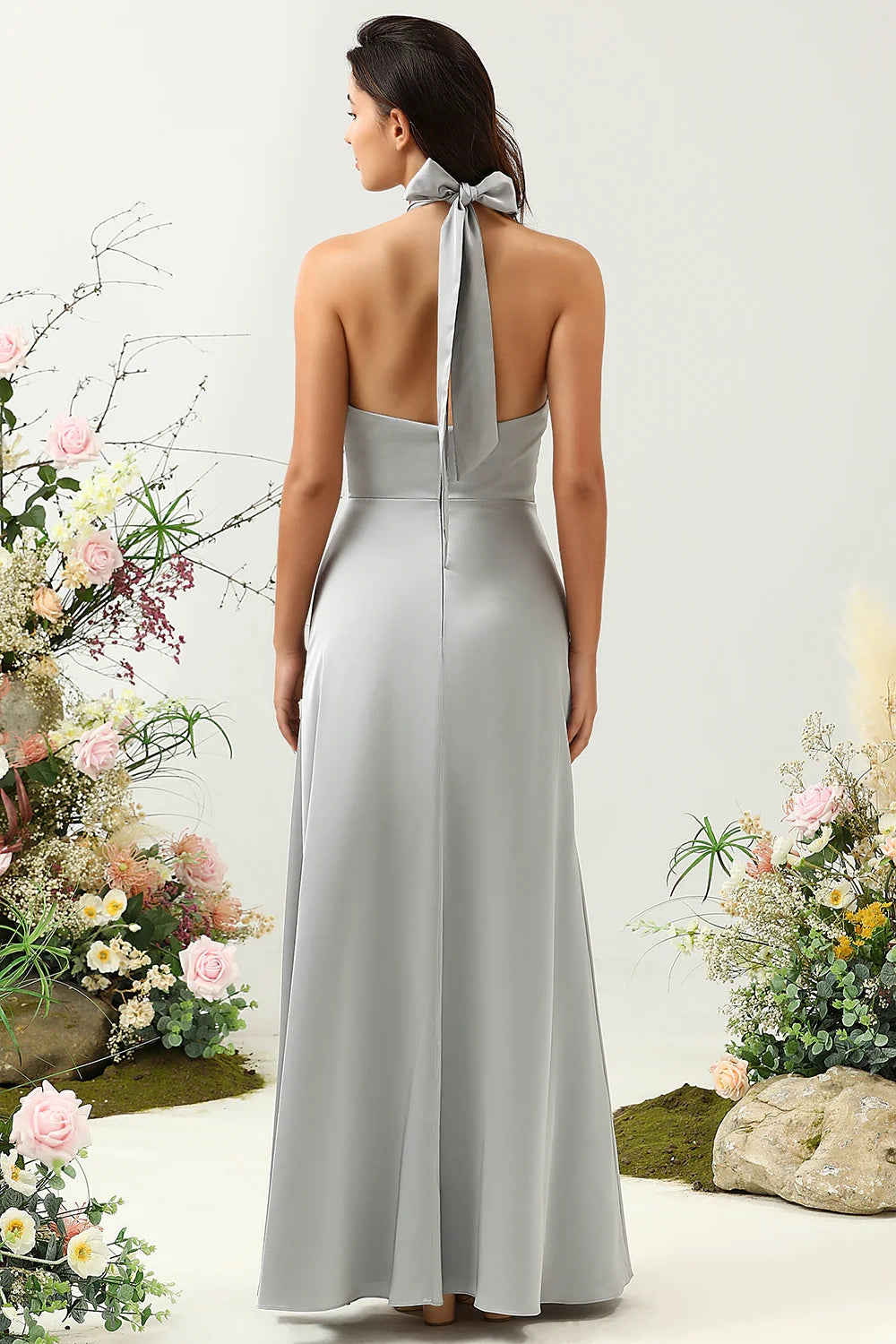 OKBBN's charming A-line backless shiny satin and floor slit Bridesmaid Dresses