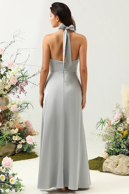 OKBBN's charming A-line backless shiny satin and floor slit Bridesmaid Dresses