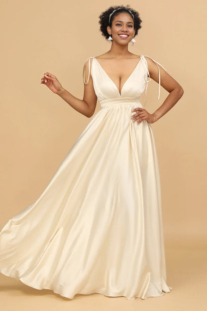 OKBBN's charming A-line deep V-neck backless long Bridesmaid Dresses