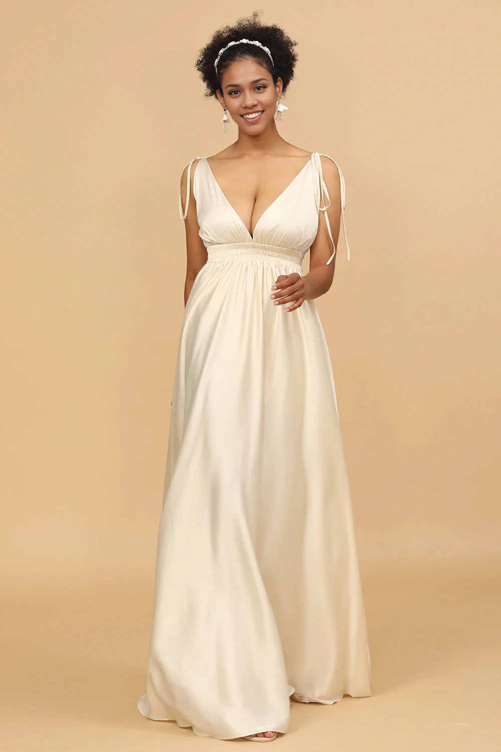 OKBBN's charming A-line deep V-neck backless long Bridesmaid Dresses