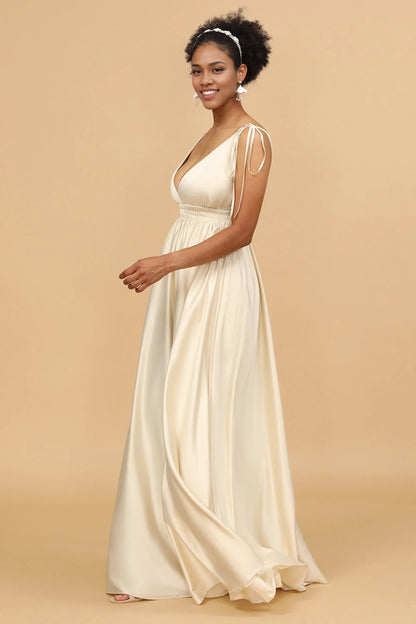 OKBBN's charming A-line deep V-neck backless long Bridesmaid Dresses