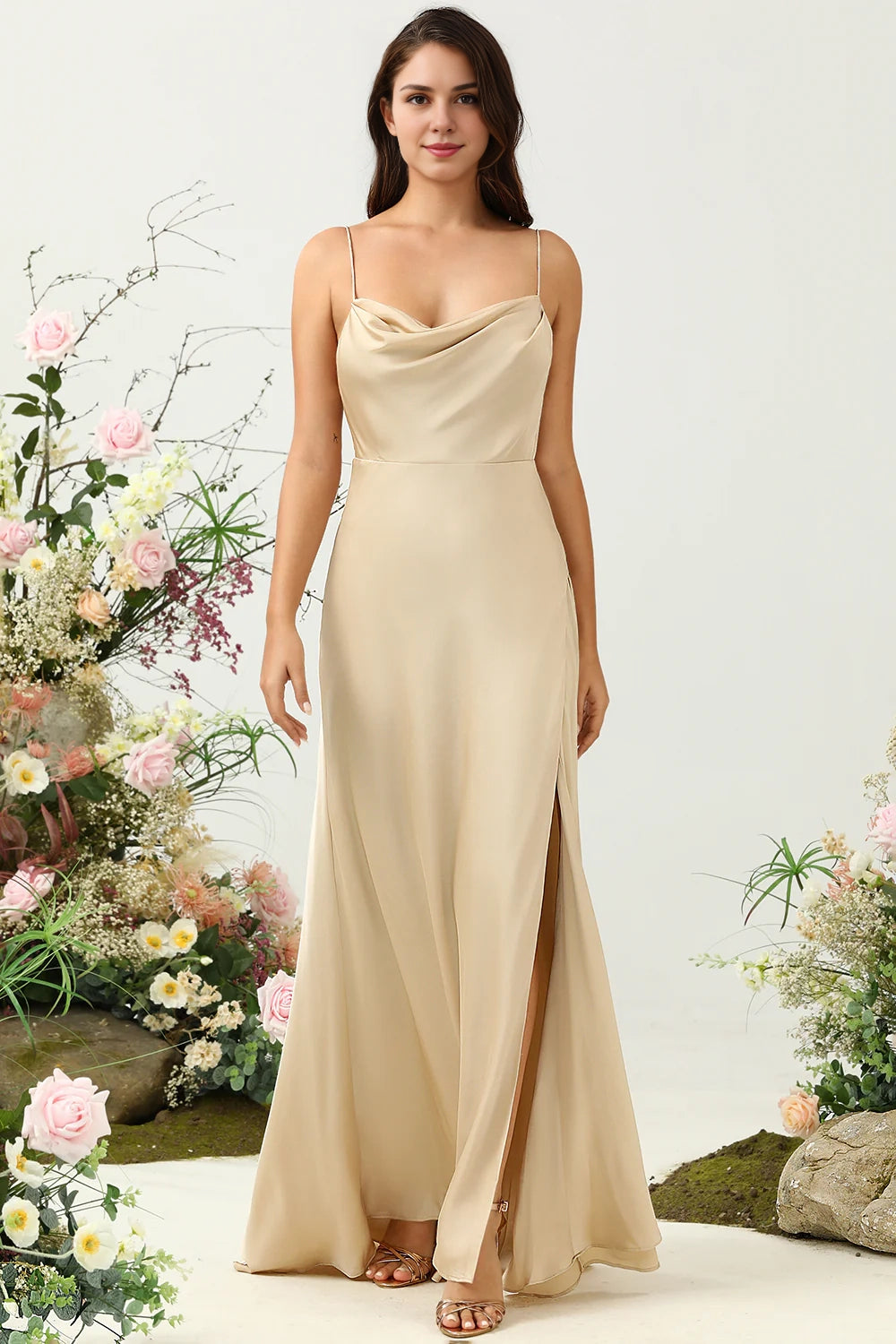 OKBBN's charming A-line hanging collar with thin shoulder straps and satin slit Bridesmaid Dresses