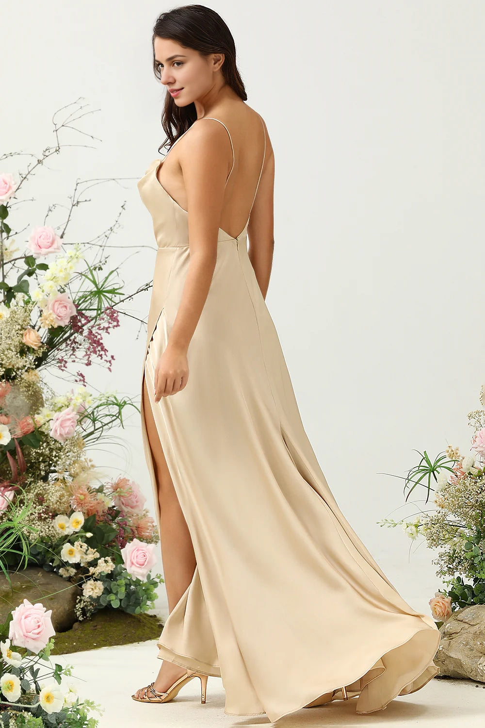 OKBBN's charming A-line hanging collar with thin shoulder straps and satin slit Bridesmaid Dresses
