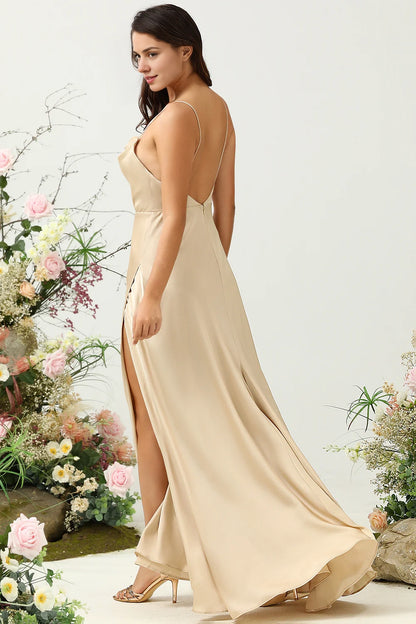 OKBBN's charming A-line hanging collar with thin shoulder straps and satin slit Bridesmaid Dresses