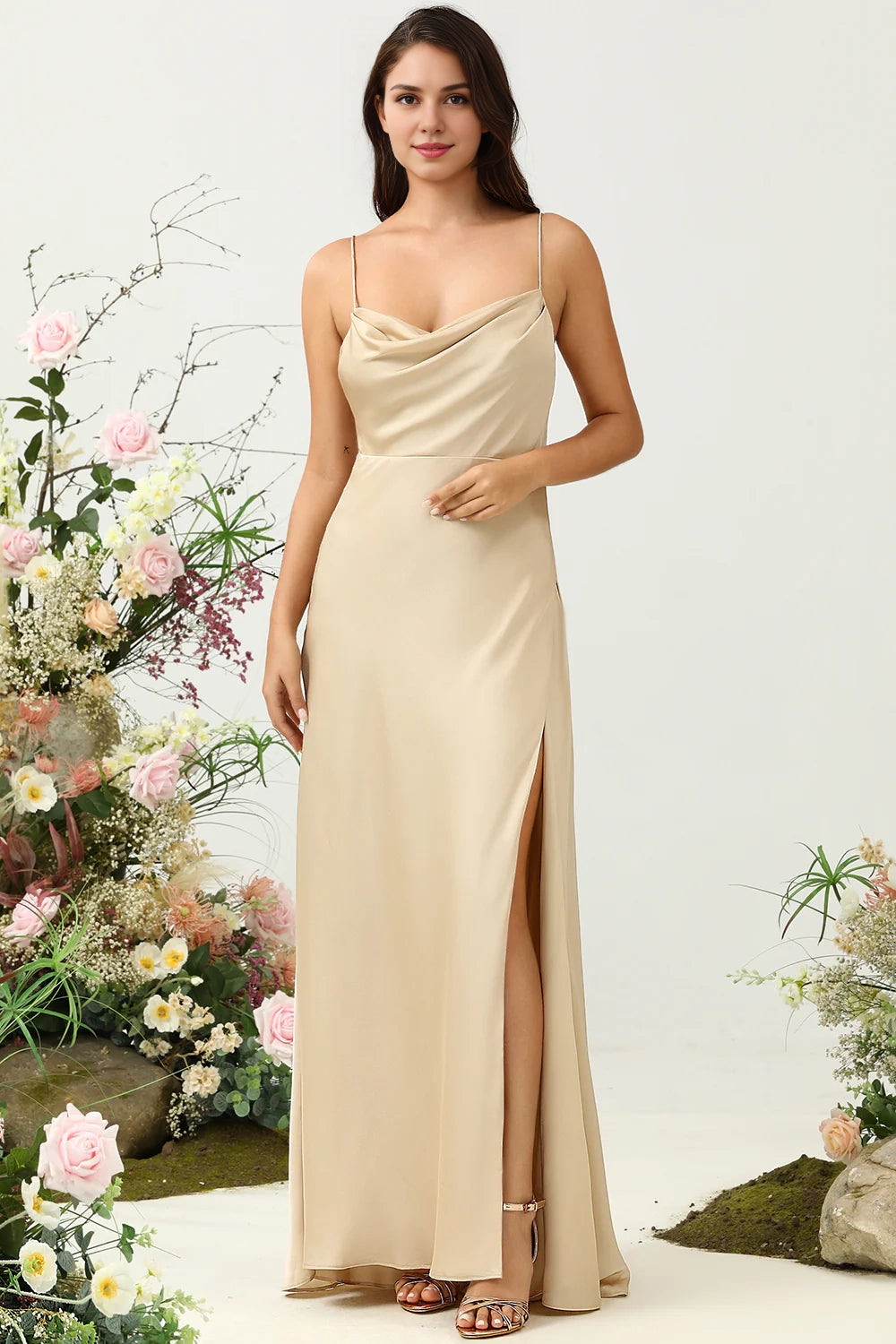OKBBN's charming A-line hanging collar with thin shoulder straps and satin slit Bridesmaid Dresses