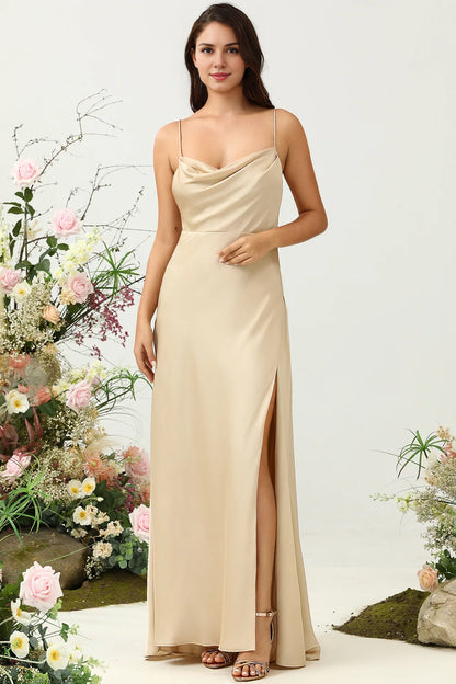 OKBBN's charming A-line hanging collar with thin shoulder straps and satin slit Bridesmaid Dresses