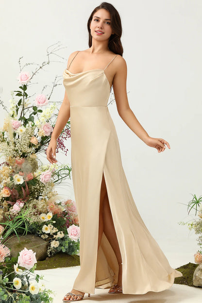 OKBBN's charming A-line hanging collar with thin shoulder straps and satin slit Bridesmaid Dresses