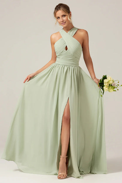 OKBBN's charming A-line hanging neck pleated long Bridesmaid Dresses